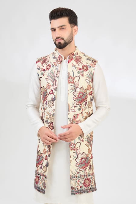 Kasbah_Cream Silk Sequins, Embroidery Floral Long Jacket _Online_at_Aza_Fashions
