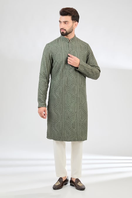 Kasbah Green Silk Embroidered Thread Geometric Chikankari Kurta 