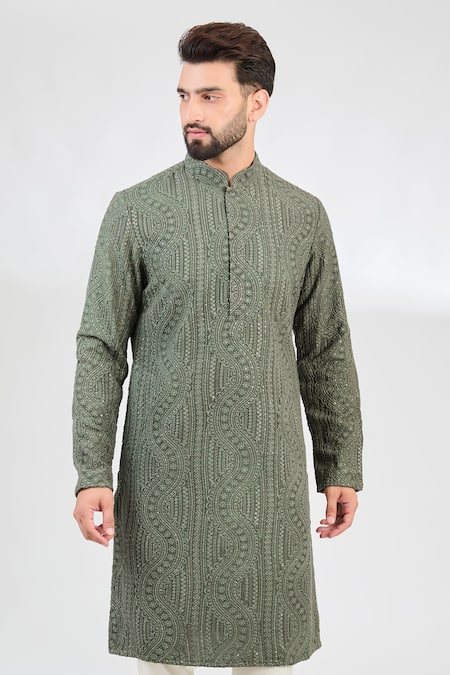 Kasbah_Green Silk Sequins, Embroidery Geometric Chikankari Kurta _Online_at_Aza_Fashions