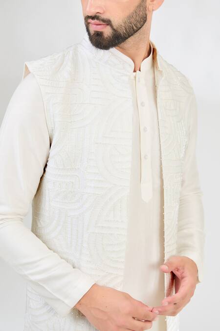 Kasbah_Ivory Silk Cut Work Cutdana Embroidered Long Jacket _Online_at_Aza_Fashions