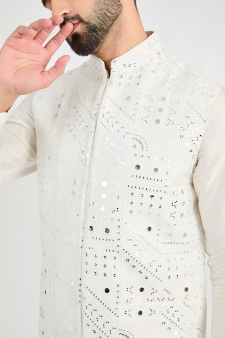 Kasbah_Ivory Silk Embroidery Nehru Jacket _Online_at_Aza_Fashions