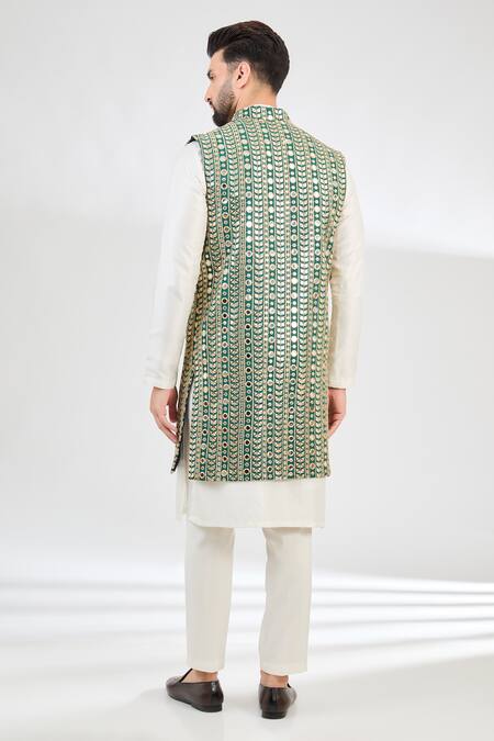 Shop_Kasbah_Green Georgette Mirrors, Zari Embroidered Long Jacket _at_Aza_Fashions