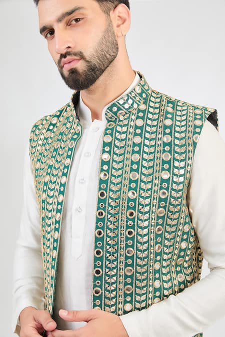 Kasbah_Green Georgette Mirrors, Zari Embroidered Long Jacket _Online_at_Aza_Fashions
