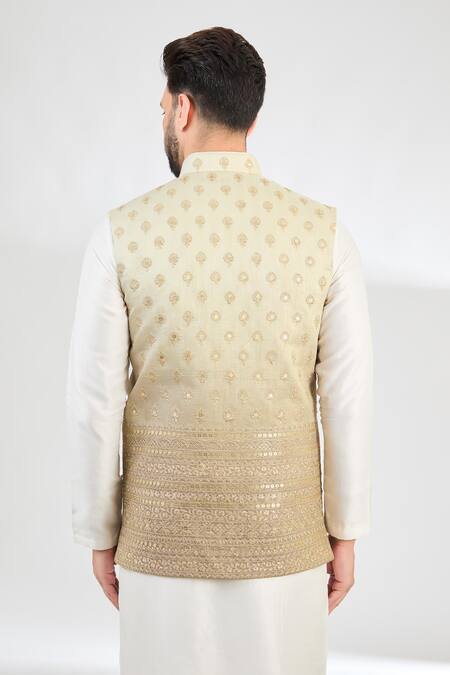 Shop_Kasbah_Gray Silk Sequins, Zari Ombre Embroidered Nehru Jacket _at_Aza_Fashions