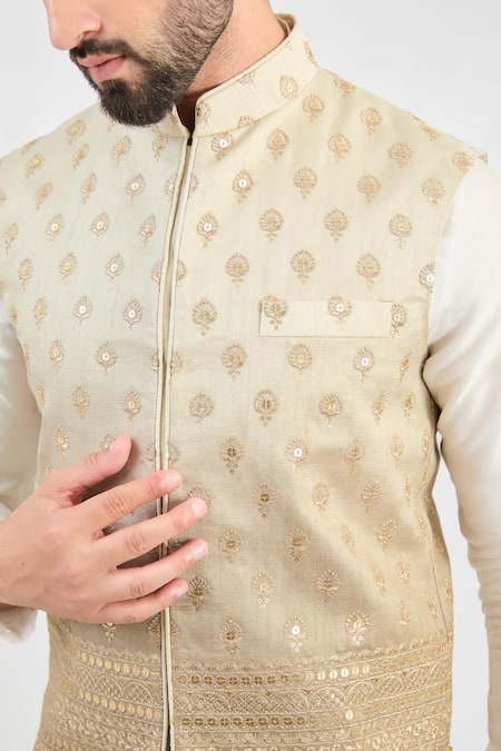 Kasbah_Gray Silk Sequins, Zari Ombre Embroidered Nehru Jacket _Online_at_Aza_Fashions