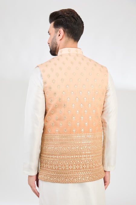 Shop_Kasbah_Peach Silk Zari, Sequins Embroidered Nehru Jacket _at_Aza_Fashions