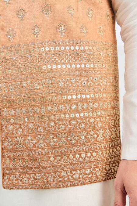 Kasbah_Peach Silk Zari, Sequins Embroidered Nehru Jacket _Online_at_Aza_Fashions