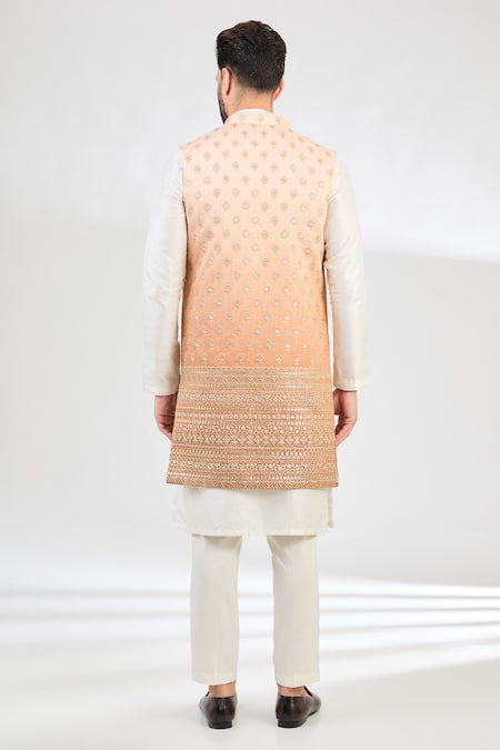 Shop_Kasbah_Peach Silk Zari, Mirrors Embroidered Long Jacket _at_Aza_Fashions