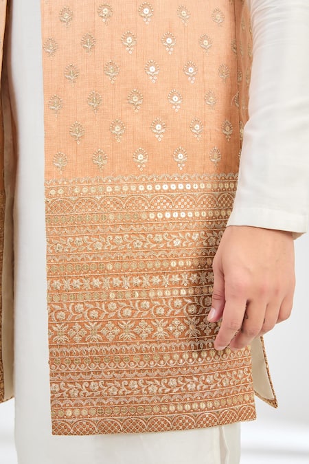 Kasbah_Peach Silk Zari, Mirrors Embroidered Long Jacket _Online_at_Aza_Fashions
