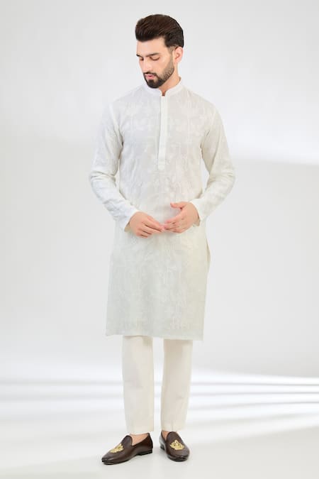 Kasbah Ivory Georgette Embroidered Thread Leaf Work Kurta 