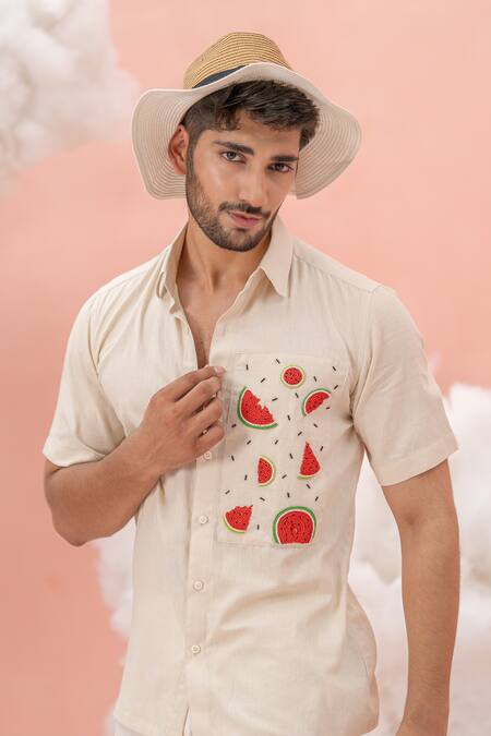 Runit Gupta_Beige Linen Cotton Embroidery Watermelon Shirt _Online_at_Aza_Fashions