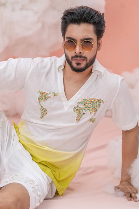Buy_Runit Gupta_Green Linen Cotton Embroidery Go Global Bead Ombre Dyed Shirt _Online_at_Aza_Fashions