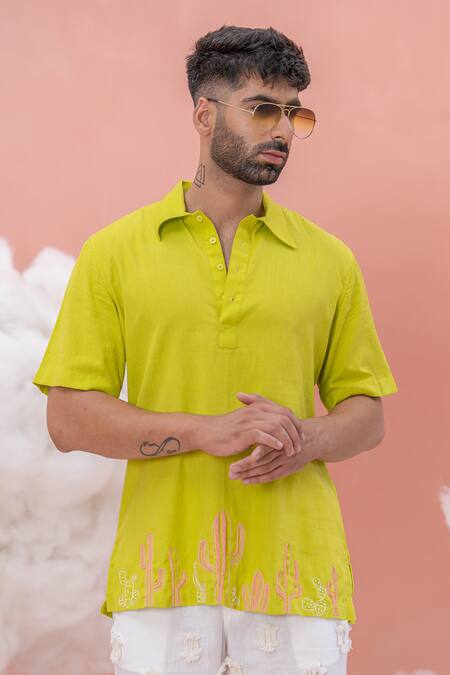Runit Gupta_Green Linen Cotton Embroidery Cactus Coral Bead And Thread Work Shirt _Online_at_Aza_Fashions