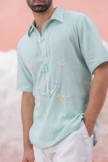 Runit Gupta_Blue Linen Cotton Embroidery Anchor Cloud Shirt _Online_at_Aza_Fashions