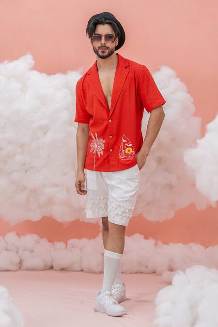 Shop_Runit Gupta_Red Linen Cotton Embroidery Beach Boat Shirt _at_Aza_Fashions