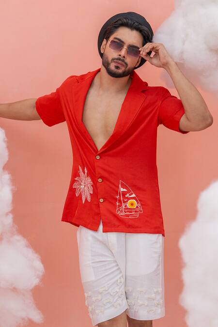 Runit Gupta_Red Linen Cotton Embroidery Beach Boat Shirt _Online_at_Aza_Fashions
