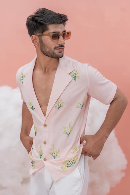 Runit Gupta Pink Linen Cotton Embroidery Coral Shirt 