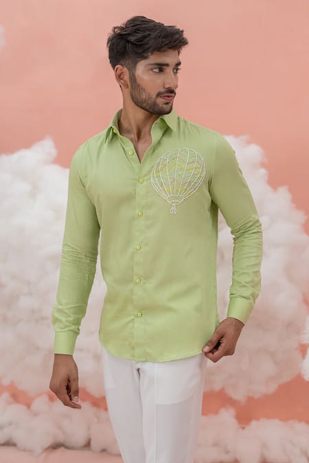 Runit Gupta Green Vegan Silk Embroidery Hot Air Balloon Vacay Shirt 