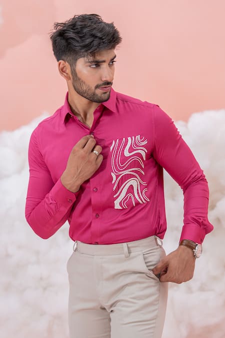 Shop_Runit Gupta_Pink Vegan Silk Embroidery Wave Swirl Shirt _at_Aza_Fashions