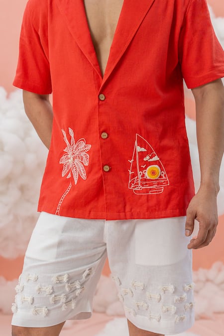 Runit Gupta_White Linen, Cotton Embroidery Brick Wall Rope And Dori Motif Shorts _Online_at_Aza_Fashions