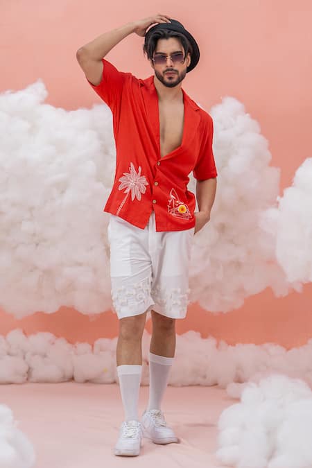 Buy_Runit Gupta_White Linen, Cotton Embroidery Brick Wall Rope And Dori Motif Shorts _Online_at_Aza_Fashions