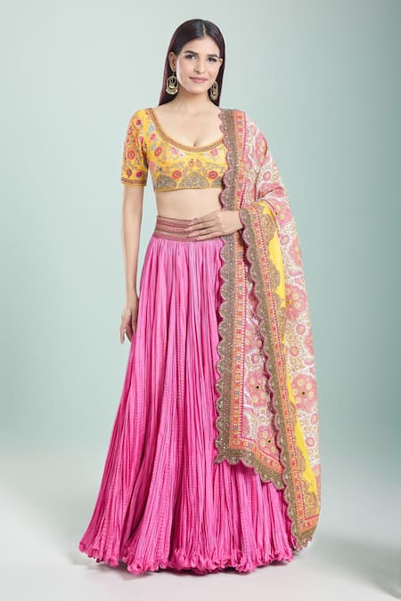Debyani + CO Pink , Organza Zari, Embroidery, Sequins Crushed Lehenga Blouse Set