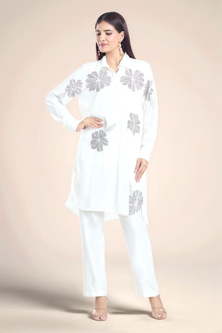 NAMRATA JOSHIPURA Ivory Linen Crepe Embroidered Floral Tunic Collar Alder Straight 