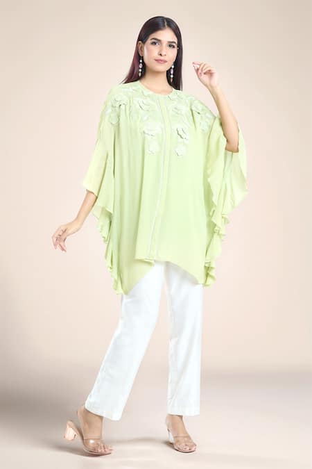 NAMRATA JOSHIPURA Green Textured Georgette Embroidered Floral Kaftan Round Dahlia Top 