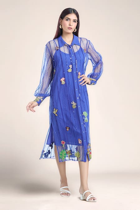 Rahul Mishra Blue Tulle Embroidered Lines Dress Collar Floral Applique Shirt 