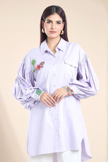 Rahul Mishra Purple Poplin Applique Embroidery Floral Shirt Collar Placed Oversized 