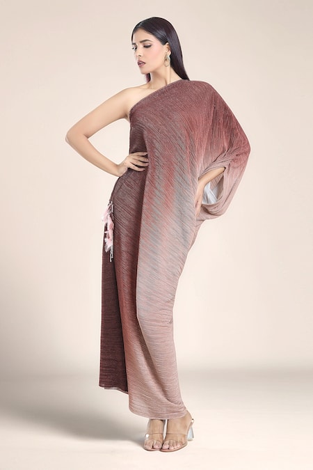 Tarun Tahiliani Brown Metallic Crinkle One Shoulder Ombre Dress 