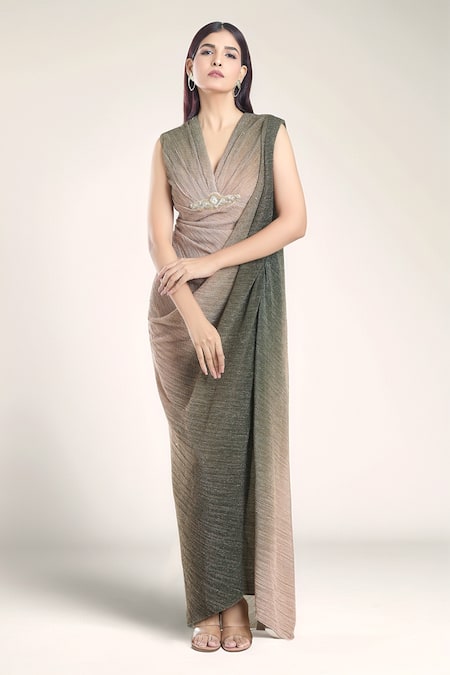 Tarun Tahiliani Green Metallic Crinkle Tulle Hand Embroidery Brooch V Neck Detailed Ombre Dress 