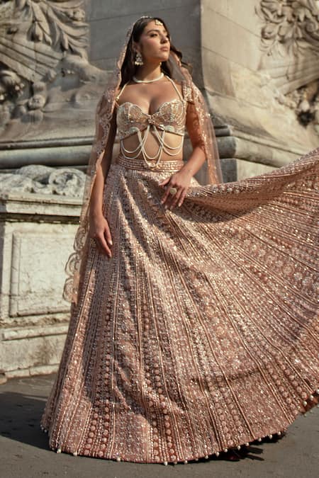 Shop_Jigar & Nikita_Brown Linen, Silk, Net Zardozi Embroidered Floral Vine Bridal Lehenga Set _Online_at_Aza_Fashions