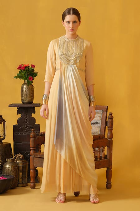 ABSTRACT BY MEGHA JAIN MADAAN Beige Flat Chiffon Embellished Pipes Band Bead Draped Dress 