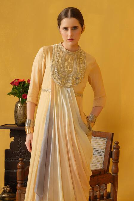 Abstract By Megha Jain Madaan_Beige Jersey, Chiffon, Cotton Beads, Piping Collared Embellished Draped Dress _Online_at_Aza_Fashions