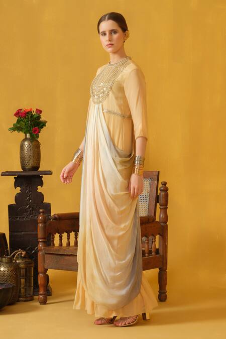 Buy_Abstract By Megha Jain Madaan_Beige Jersey, Chiffon, Cotton Beads, Piping Collared Embellished Draped Dress _Online_at_Aza_Fashions