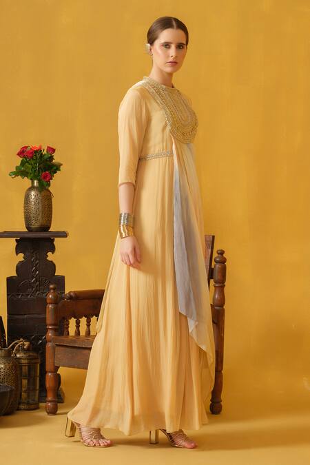 Shop_Abstract By Megha Jain Madaan_Beige Jersey, Chiffon, Cotton Beads, Piping Collared Embellished Draped Dress _Online_at_Aza_Fashions