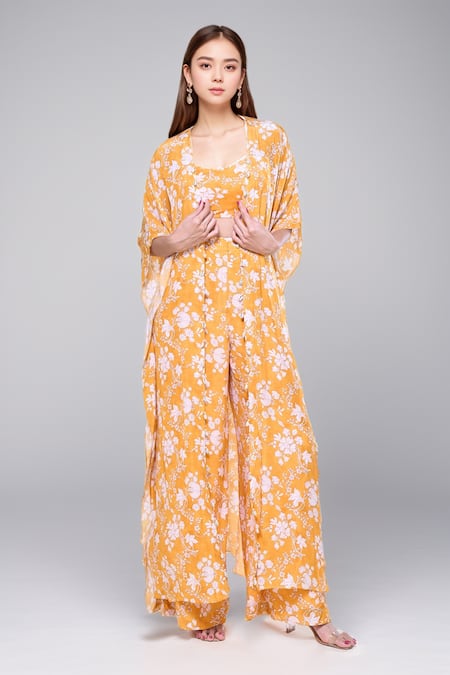 Arpita Mehta Yellow Crepe Silk Printed Sand And Toasted Blouse Mango & Floral Cape Pant Set 