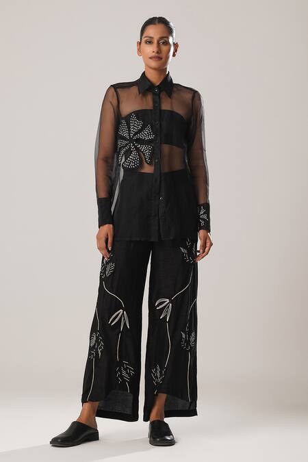 Buy_Atbw_Black Silk Organza Embroidery Collared Rafflesia Dori Patch Sheer Shirt 