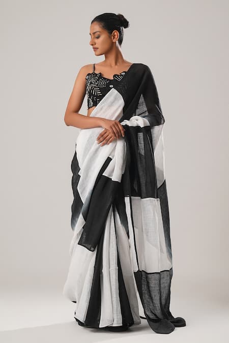 Buy_Atbw_Black Silk Satin Embroidery Asymmetric Flower Detailed Blouse _Online_at_Aza_Fashions