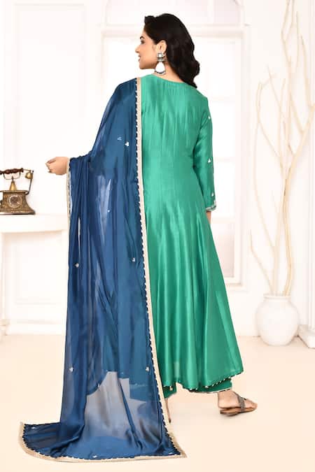 Shop_Abbaran_Green , Satin, Silk Lace, Gota Patti, Hand Yoke Anarkali Set _at_Aza_Fashions