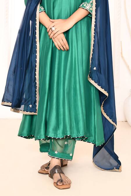 Abbaran_Green , Satin, Silk Lace, Gota Patti, Hand Yoke Anarkali Set _Online_at_Aza_Fashions