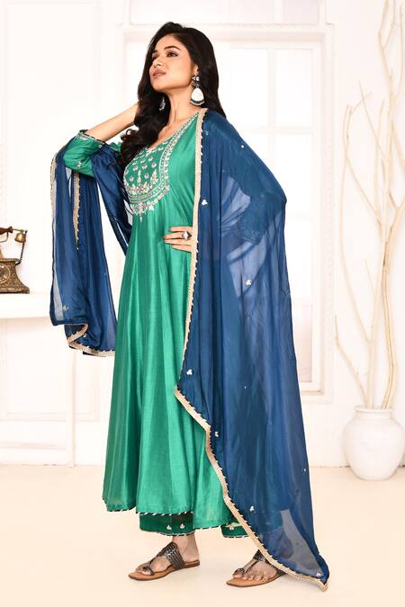 Buy_Abbaran_Green , Satin, Silk Lace, Gota Patti, Hand Yoke Anarkali Set _Online_at_Aza_Fashions