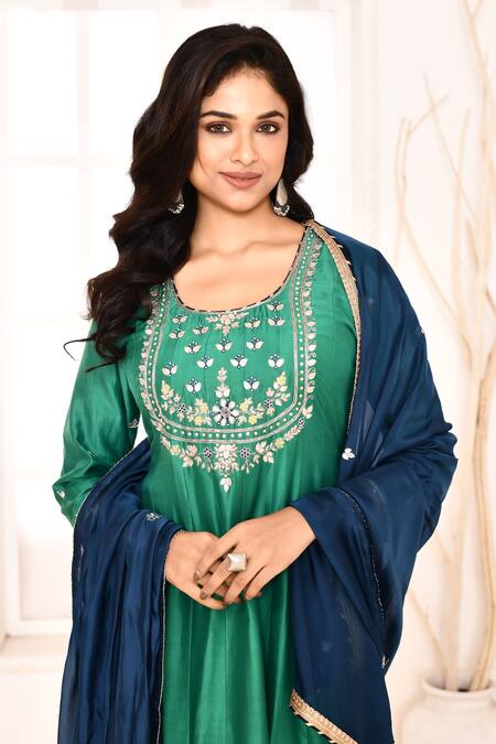 Shop_Abbaran_Green , Satin, Silk Lace, Gota Patti, Hand Yoke Anarkali Set _Online_at_Aza_Fashions