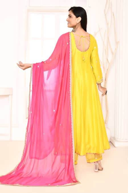 Shop_Abbaran_Yellow Cotton, Silk Lace, Gota Patti, Embroidery Hand Yoke Anarkali Pant Set _at_Aza_Fashions