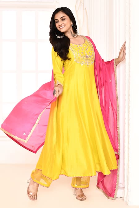 Abbaran_Yellow Cotton, Silk Lace, Gota Patti, Embroidery Hand Yoke Anarkali Pant Set _Online_at_Aza_Fashions