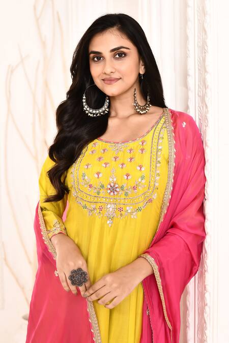 Shop_Abbaran_Yellow Cotton, Silk Lace, Gota Patti, Embroidery Hand Yoke Anarkali Pant Set _Online_at_Aza_Fashions