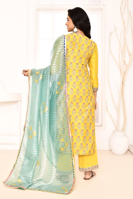 Shop_Abbaran_Yellow , Satin, Silk Embroidery Floral Hand Block Print Kurta Set _at_Aza_Fashions