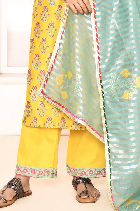 Abbaran_Yellow , Satin, Silk Embroidery Floral Hand Block Print Kurta Set _Online_at_Aza_Fashions