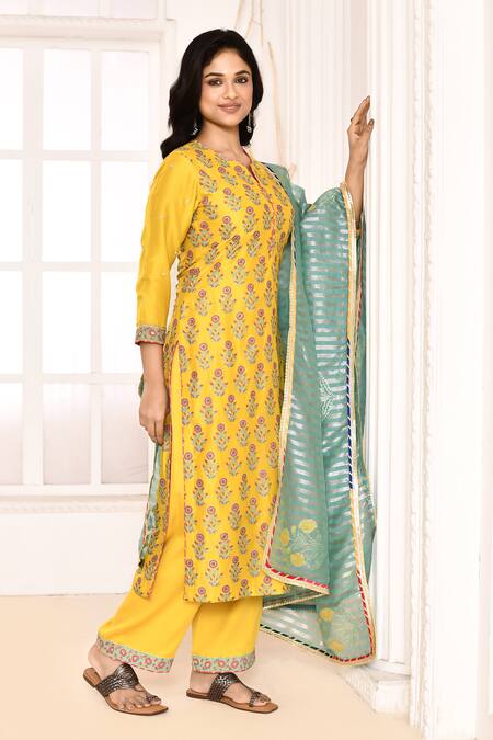 Buy_Abbaran_Yellow , Satin, Silk Embroidery Floral Hand Block Print Kurta Set _Online_at_Aza_Fashions